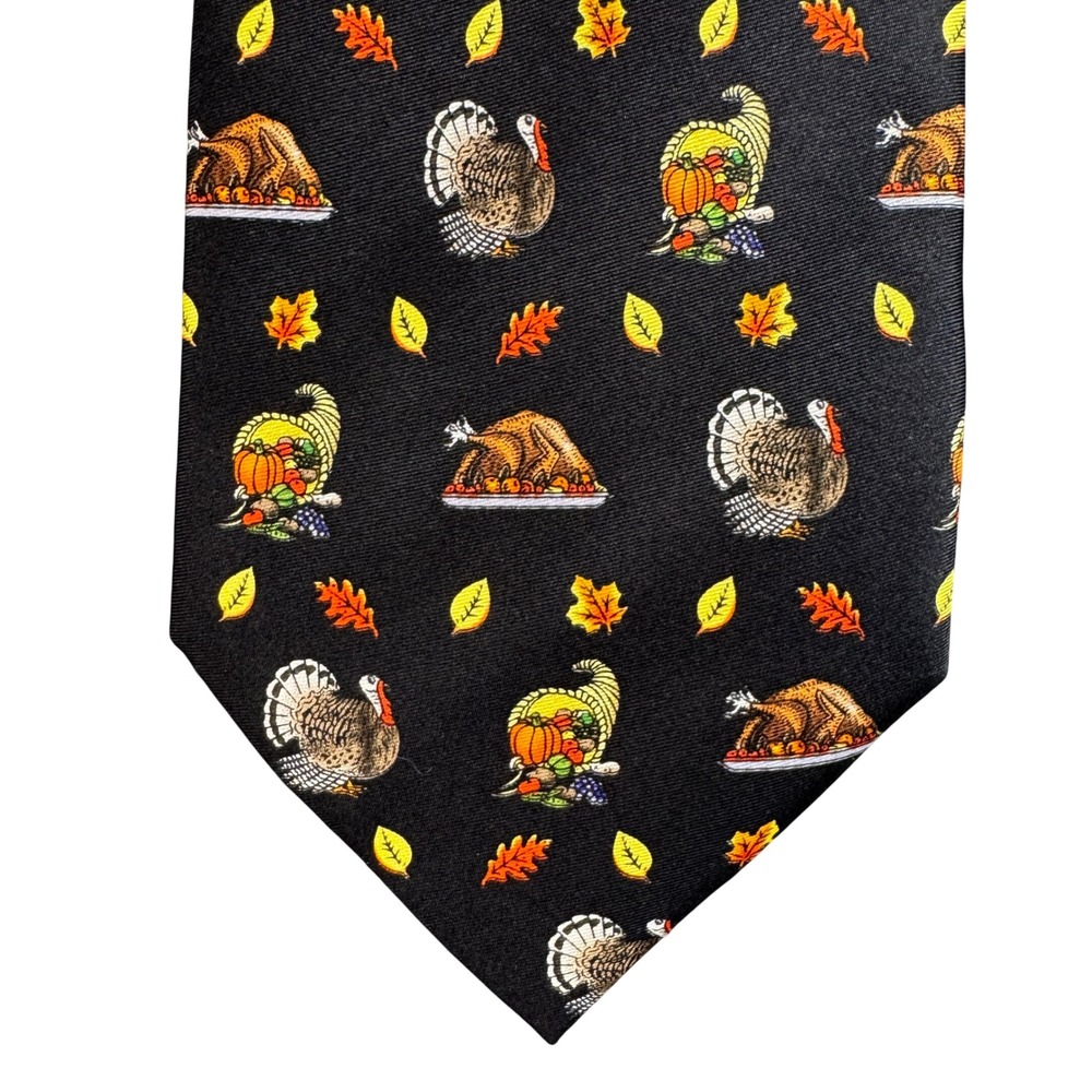 Happy Halloween Mens Silk Thanksgiving Tie Turkey Cornucopia Black Autumn Leaf